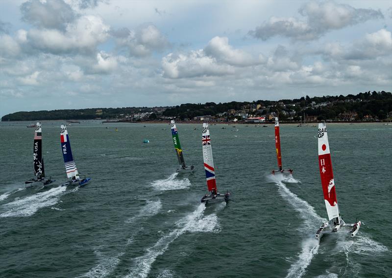 View of the fleet as they start the first race. Cowes, Day 2, August 11, 2019 photo copyright Thomas Lovelock for SailGP taken at  and featuring the F50 class