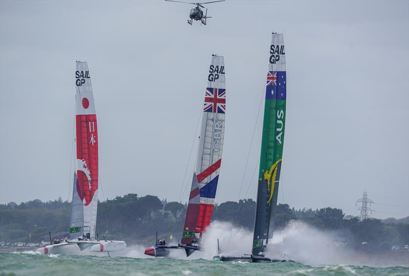 Japan SailGP Team, Great Britain SailGP Team and Australia SailGP Team racing during the first race in high winds on Race Day  - Cowes, Day 2, August 11, 2019 photo copyright Bob Martin for SailGP taken at  and featuring the F50 class