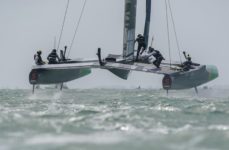Australia SailGP Team helmed by Tom Slingsby during the first race in high winds on Race Day  - Cowes, Day 2, August 11, 2019 photo copyright Bob Martin for SailGP taken at  and featuring the F50 class