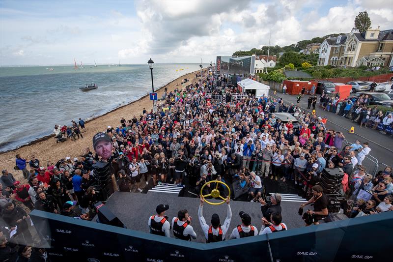 Tom Slingsby AUS lifts the trophy at The Adrenaline Lounge  - Cowes, Day 2, August 11, 2019 photo copyright Ben Queenborough for SailGP taken at  and featuring the F50 class