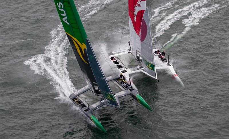 Australia SailGP Team skippered by Tom Slingsby and Japan SailGP Team skippered by Nathan Outteridge come close together during the Match Race. Race Day 2 Event 2 Season 1 SailGP event in San Francisco, California, United States photo copyright Jed Jacobsohn for SailGP taken at  and featuring the F50 class