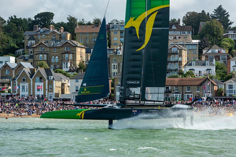 SailGP Team Australia helmed by Tom Slingsby wins Race three. Race Day. Event 4 Season 1 SailGP event in Cowes, Isle of Wight, England, United Kingdom photo copyright Chris Cameron for SailGP taken at  and featuring the F50 class