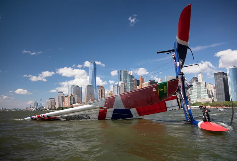 Great Britain SailGP Team skippered by Dylan Fletcher capsizes during the warm up prior to racing. Great Britain are later declared out of the first day of racing due to damage. Race Day 1 Event 3 Season 1 SailGP event in New York City - photo © Lloyd Images for SailGP