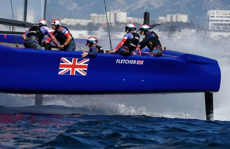 Great Britain SailGP Team helmed by Dylan Fletcher in action in the second race on Race Day 1. The final SailGP event of Season 1 in Marseille, France photo copyright Bob Martin for SailGP taken at  and featuring the F50 class