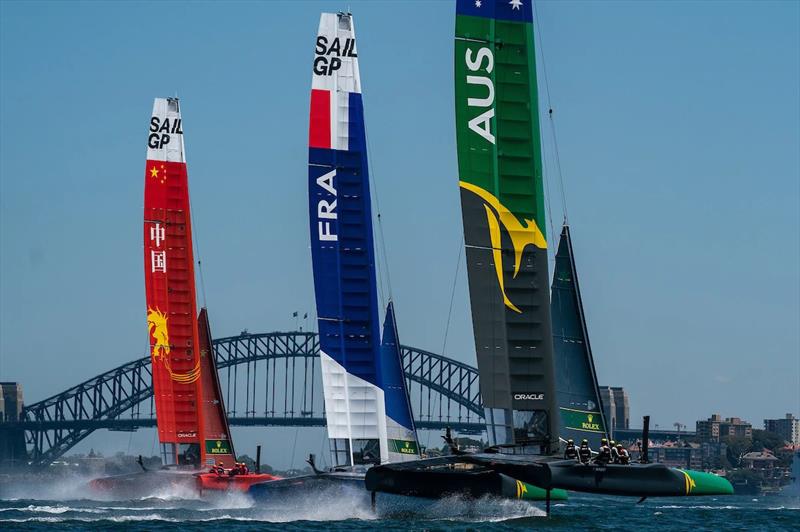 The Australia SailGP Team's F50 with Skipper Tom Slingsby AUS at the helm (right), the France SailGP Team and the China SailGP Team boat during a race condition practice session. Event 1 Season 1 SailGP event in Sydney Harbour, Sydney, Australia photo copyright Bob Martin for SailGP taken at  and featuring the F50 class
