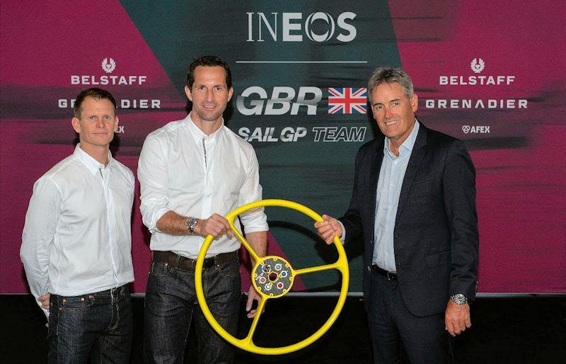 Chris Draper, Great Britain SailGP Team CEO; Ben Ainslie, Great Britain SailGP Team helmsman and INEOS TEAM UK Principal and Skipper; SailGP CEO Sir Russell Coutts, at the Great Britain SailGP Team presented by INEOS announcement event photo copyright INEOS TEAM UK taken at  and featuring the F50 class