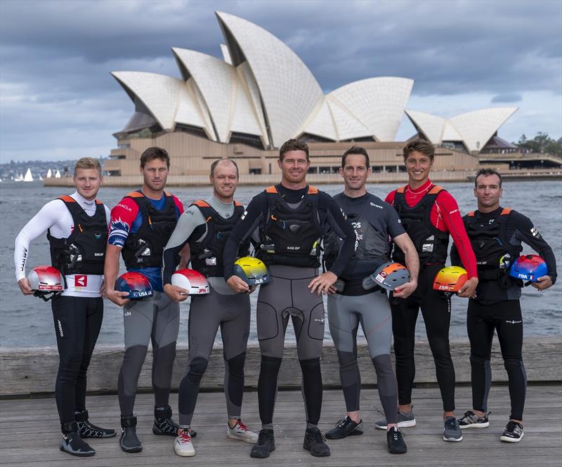 L-R: Nicolai Sehested, Rome Kirby, Nathan Outteridge, Tom Slingsby, Ben Ainslie, Florian Trittel and Billy Besson pose together in front of Sydney Opera House ahead of Sydney SailGP Event 1 Season 2 photo copyright Bob Martin for SailGP taken at  and featuring the F50 class