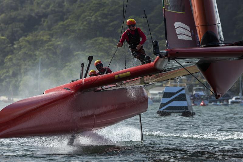 Spain raced the day out despite the incident with France. Damage to the outer topsides of the starboard hull was distinct photo copyright Andrea Francolini taken at Royal Sydney Yacht Squadron and featuring the F50 class