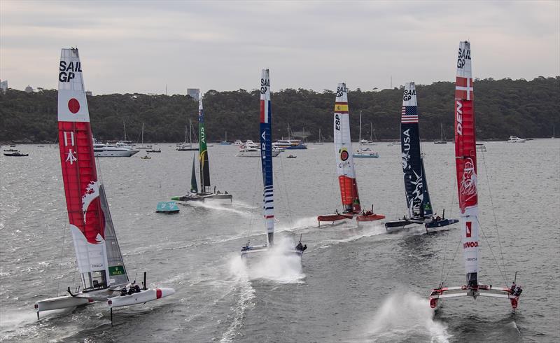 The fleet racing to the mark with Australia SailGP Team helmed by Tom Slingsby leading the way during Race Day 2. - SailGP - Sydney - Season 2 - February 2020 - Sydney, Australia photo copyright David Gray/SailGP taken at Royal Sydney Yacht Squadron and featuring the F50 class