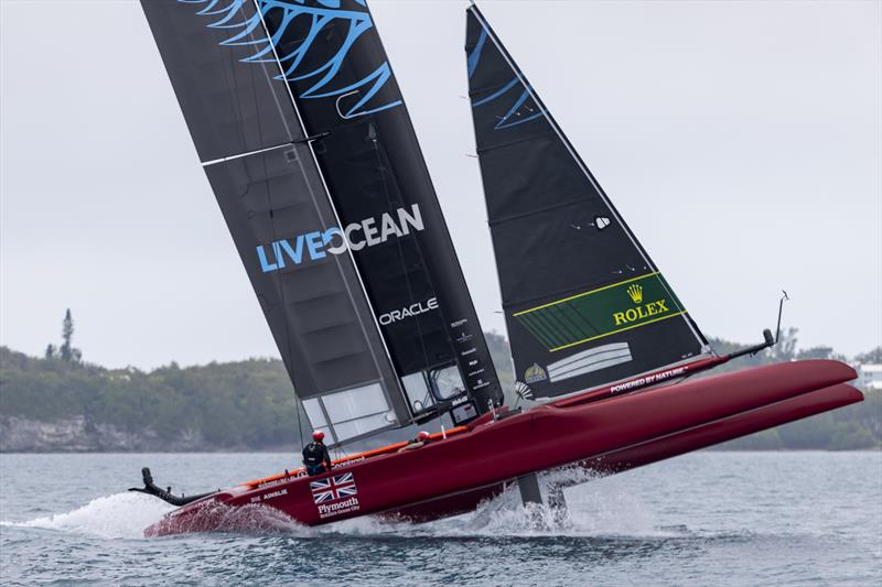 New Zealand SailGP Team helmed by Peter Burling in action onboard the Great Britain SailGP Team hull with the New Zealand wing attached during a practice session ahead of Bermuda SailGP photo copyright Simon Bruty /SailGP taken at Royal Bermuda Yacht Club and featuring the F50 class