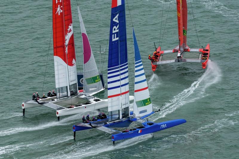 Japan SailGP Team helmed by Nathan Outteridge and France SailGP Team helmed by Billy Besson race head to head in a practice race ahead of Event 4 Season 1 SailGP event in Cowes, Isle of Wight, England, United Kingdom - photo © Chris Cameron