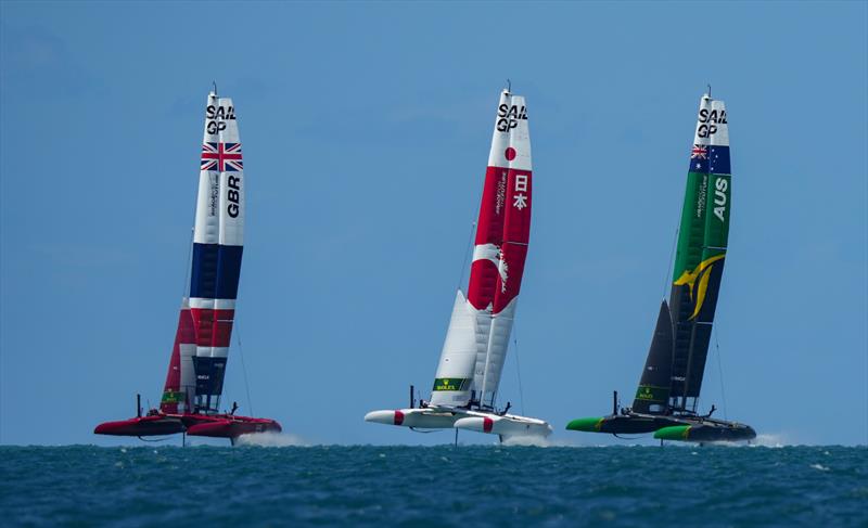 Great Britain SailGP Team presented by INEOS, Japan SailGP Team and Australia SailGP Team in Friday action at Bermuda SailGP photo copyright Bob Martin/SailGP taken at Royal Bermuda Yacht Club and featuring the F50 class