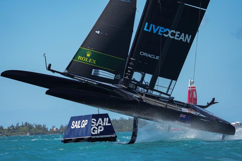 New Zealand SailGP Team helmed by Peter Burling gets high out of the water whilst competing at Bermuda SailGP  photo copyright Bob Martin/SailGP taken at Royal Bermuda Yacht Club and featuring the F50 class