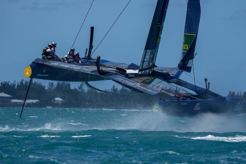 The USA SailGP Team helmed by Jimmy Spithill F50 catamaran has a foil a long way out of the water whilst competing at Bermuda SailGP  photo copyright Bob Martin/SailGP taken at Royal Bermuda Yacht Club and featuring the F50 class