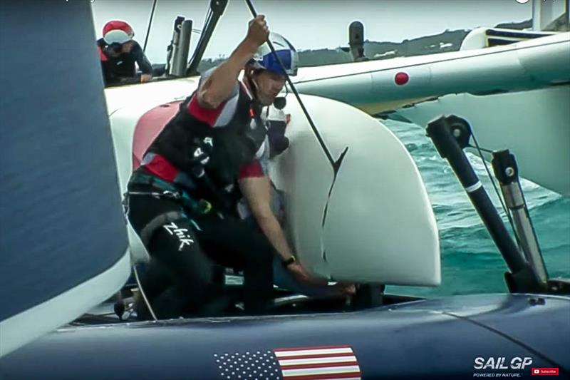 Aboard Japan SailGP after the collision with the USA's backstay sliced through the starboard hull. - photo © Japan SailGP