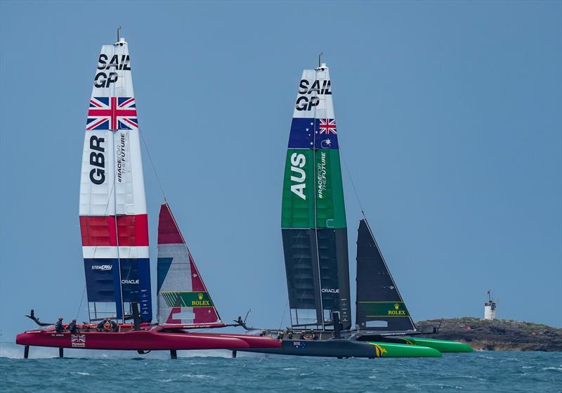 Great Britain SailGP and Team Australia SailGP Team compete in the final three way race on Race Day 2 photo copyright Bob Martin/SailGP taken at Royal Bermuda Yacht Club and featuring the F50 class
