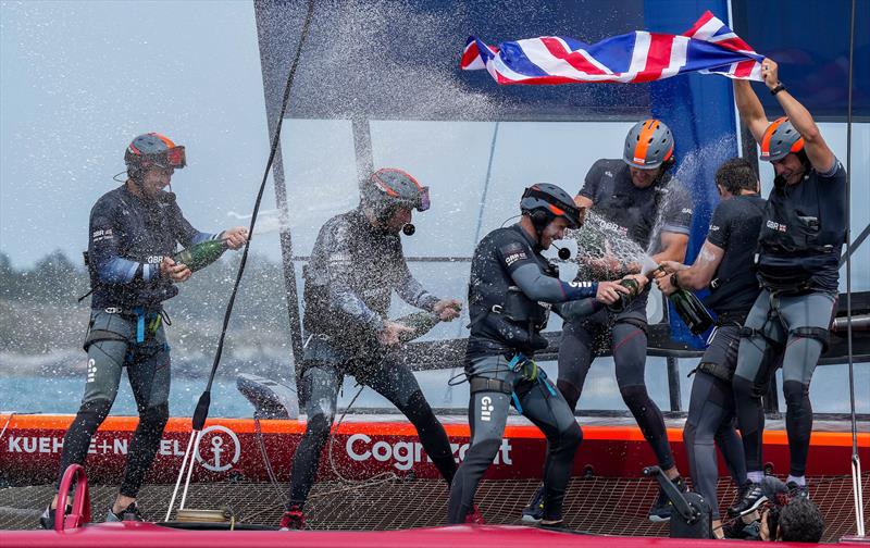 Sir Ben Ainslie and the Great Britain SailGP Team  celebrate their win with Champagne Barons de Rothschild in the final race on Race Day 2. Bermuda SailGP - photo © Bob Martin/SailGP
