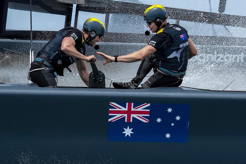 Grinders Kinley Fowler and Sam Newton in action on the Australia SailGP Team F50 catamaran during a practice run before the first race on Race Day 2.  - photo © Bob Martin/SailGP