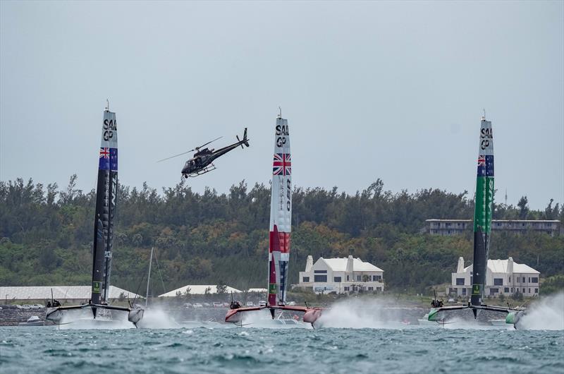 New Zealand SailGP TeamGreat Britain SailGP  and Australia SailGP Team helmed by Tom Slingsby racing in a line on Race Day 2. Bermuda SailGP  photo copyright Bob Martin/SailGP taken at Royal Bermuda Yacht Club and featuring the F50 class