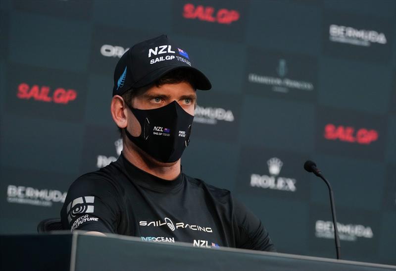 Peter Burling, Co-CEO and helmsman of New Zealand SailGP Team, wears a mask as he speaks to the media in a pre-race press conference ahead of Race Day 1 photo copyright Thomas Lovelock/SailGP taken at Royal Bermuda Yacht Club and featuring the F50 class