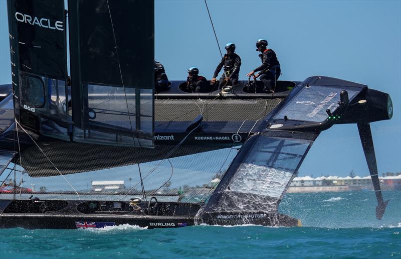 The New Zealand SailGP Team helmed by Peter Burling gets a long way out of the water in Friday action at Bermuda SailGP  - photo © Bob Martin/SailGP