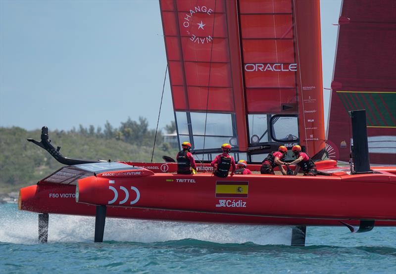 Spain SailGP Team co-helmed by Florian Trittel and Phil Robertson in Friday action during Bermuda SailGP, Event 1 Season 2 in Hamilton, Bermuda photo copyright Bob Martin / SailGP taken at Royal Bermuda Yacht Club and featuring the F50 class