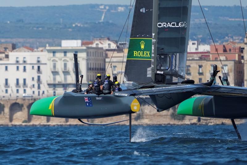 Australia SailGP Team helmed by Tom Slingsby in action during a practice session ahead of Italy SailGP, Event 2, Season 2 in Taranto, Italy photo copyright Thomas Lovelock for SailGP taken at  and featuring the F50 class