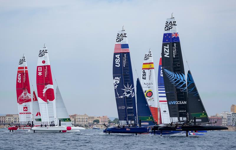 Denmark SailGP Team , Japan SailGP Team, USA SailGP Team, Spain SailGP Team France SailGP Team and New Zealand SailGP Team competing in the first race on Race Day 1 at Italy SailGP, Event 2, Season 2 in Taranto, Italy. 05 June  photo copyright Bob Martin / SailGP taken at  and featuring the F50 class