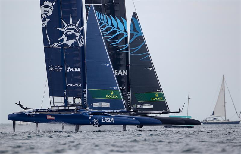 USA SailGP Team helmed by Jimmy Spithill and New Zealand SailGP Team helmed by interim skipper Arnaud Psarofaghis competing in the first race on Race Day 1 at Italy SailGP, Event 2, Season 2 in Taranto, Italy. 05 June  photo copyright Ian Roman /SailGP taken at  and featuring the F50 class