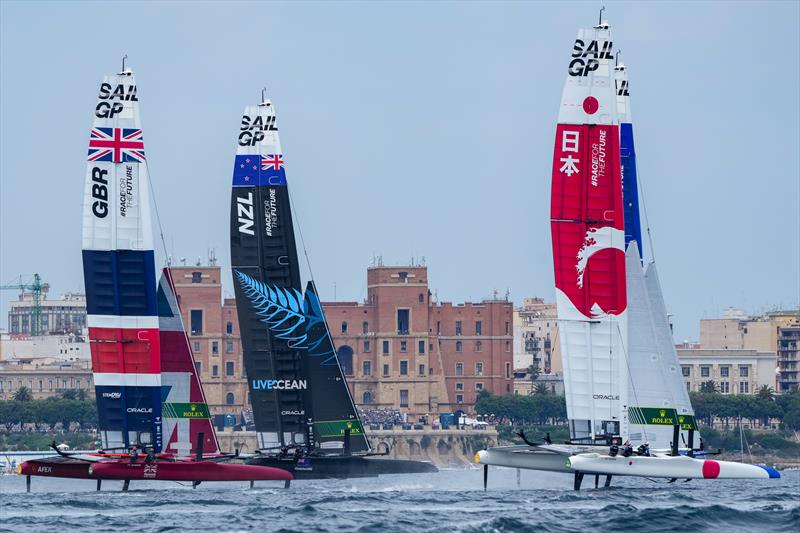 Great Britain SailGP Team, New Zealand SailGP Team, Japan SailGP Team and France SailGP Team competing on Race Day 1 at Italy SailGP, Event 2, Season 2 in Taranto, Italy. 05 June photo copyright Bob Martin / SailGP taken at  and featuring the F50 class