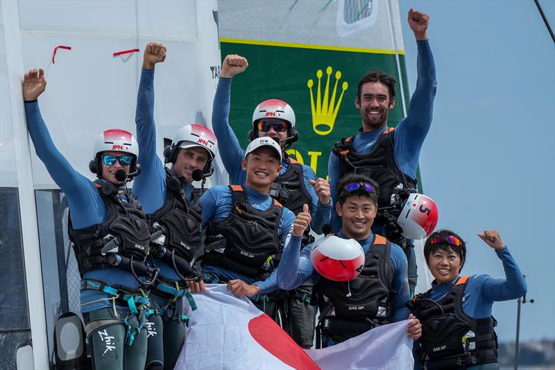 Japan SailGP Team helmed by Nathan Outterridge, celebrate on board their F50 catamaran as winners of the final match race on Race Day 2 at the Italy SailGP, Event 2, Season 2 in Taranto, Italy. 06 June  photo copyright Bob Martin / SailGP taken at  and featuring the F50 class