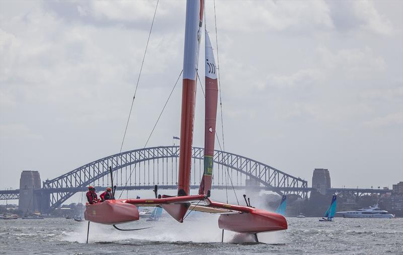 2020 SailGP in Sydney - Team España come blasting down the Harbour photo copyright John Curnow taken at Royal Sydney Yacht Squadron and featuring the F50 class
