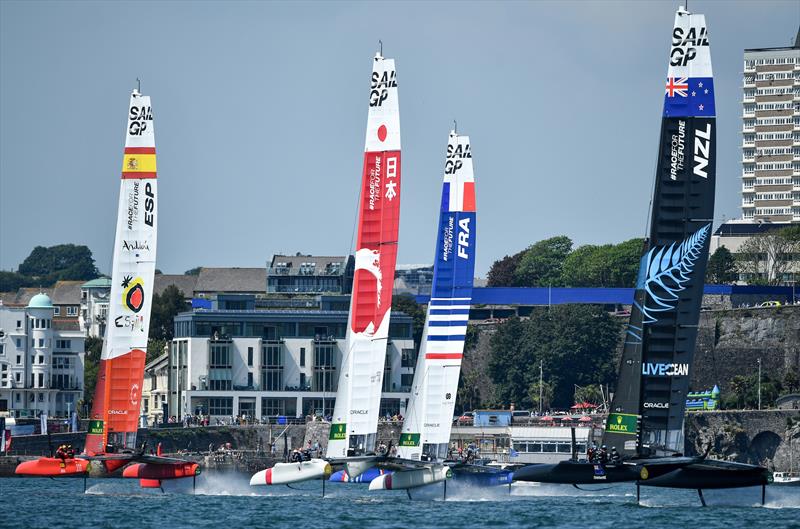 Spain SailGP Team co-helmed by Florian Trittel and Phil Robertson ahead of Japan SailGP Team, France SailGP Team and New Zealand SailGP Team in action on race day 1 of Great Britain SailGP, Event 3, Season 2 in Plymouth, UK 17 July  photo copyright Ricardo Pinto/SailGP taken at Royal Plymouth Corinthian Yacht Club and featuring the F50 class