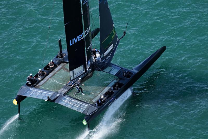 An aerial view of New Zealand SailGP Team helmed by interim skipper Arnaud Psarofaghis in action on Race Day 1 at Great Britain SailGP, Event 3, Season 2 in Plymouth, Great Britain 17 July - photo © Thomas Lovelock/SailGP