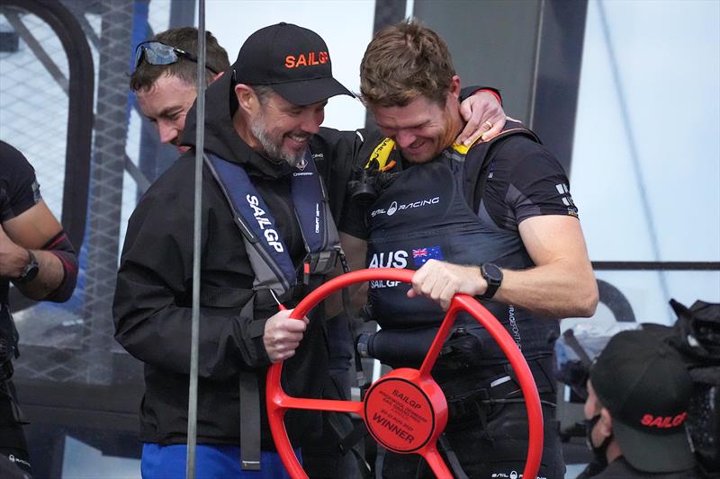 Frederik, Crown Prince of Denmark, 6th sailor on the Denmark SailGP Team presented by ROCKWOOL, congratulates Australia SailGP Team after they win the final race - photo © Thomas Lovelock for SailGP