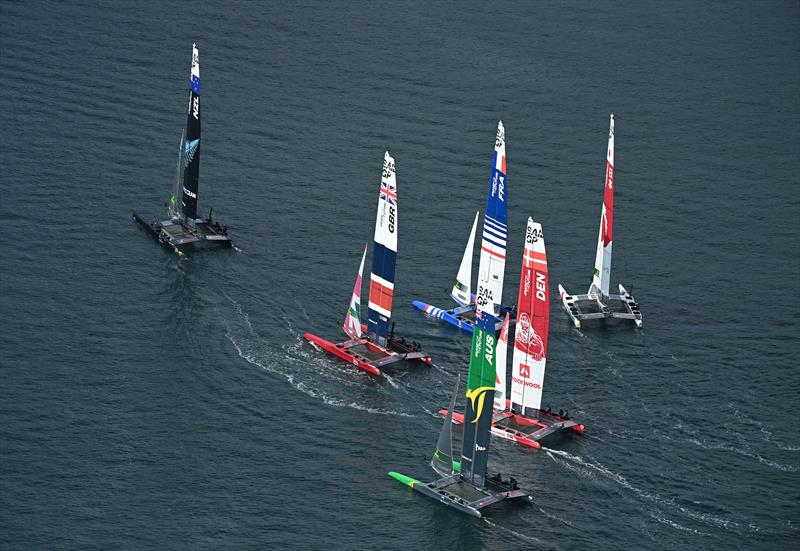 New Zealand SailGP Team helmed by Peter Burling takes the lead at the start of Race Day 2 at Denmark SailGP, Event 4, Season 2 in Aarhus, Denmark  - photo © Jonathon Nackstrand/SailGP