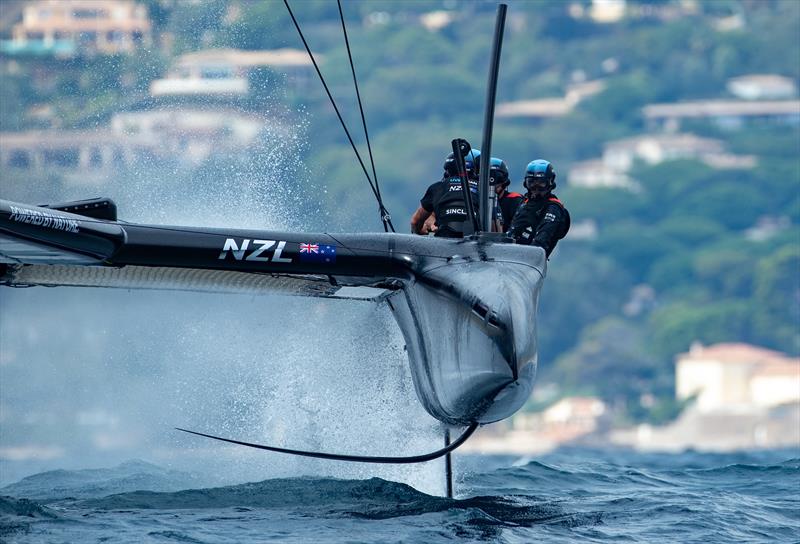 New Zealand SailGP Team co-helmed by Peter Burling and Blair Tuke in action during a practice session. France SailGP, Event 5, Season 2 in Saint-Tropez, France. 10 September . Photo: Ian Roman for SailGP. Handout image supplied by SailGP - photo © Ian Roman for SailGP