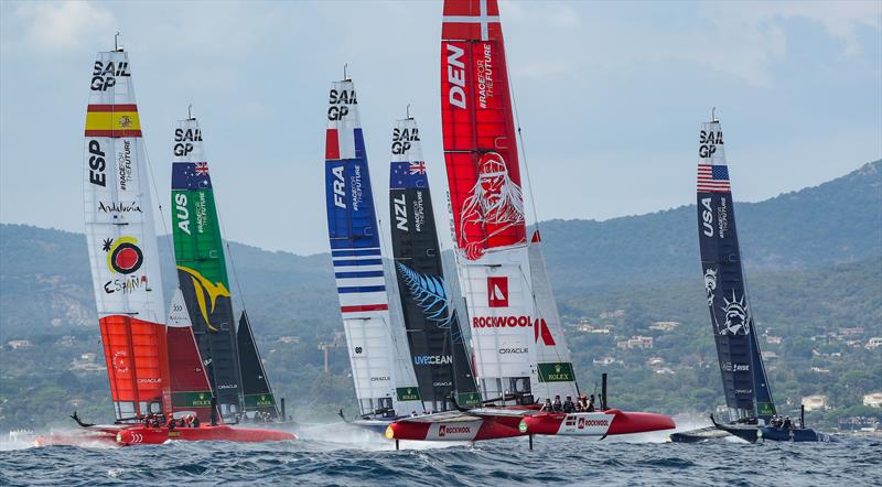 The fleet in action during a practice session. France SailGP, Event 5, Season 2 in Saint-Tropez, France. 10 September . Photo: Ian Roman for SailGP. Handout image supplied by SailGP - photo © Ian Roman/SailGP
