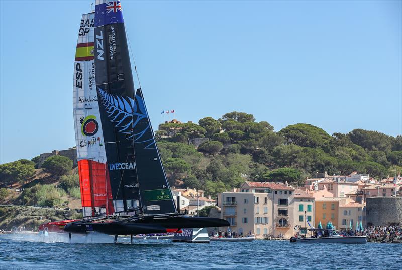 New Zealand SailGP Team co-helmed by Peter Burling and Blair Tuke and Spain SailGP Team co-helmed by Florian Trittel and Phil Robertson in action on Race Day 1, France SailGP photo copyright Ian Roman/SailGP taken at Fraglia Vela Malcesine and featuring the F50 class