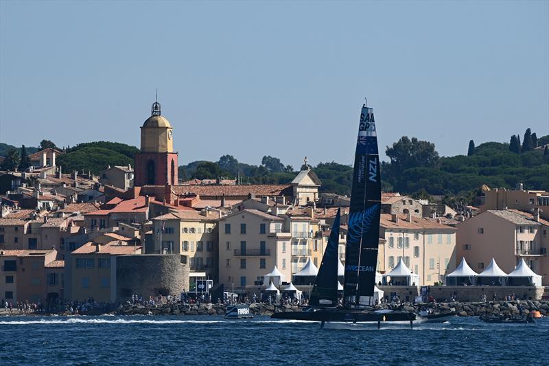 New Zealand SailGP Team co-helmed by Peter Burling and Blair Tuke sails past the old town of Saint-Tropez on Race Day 1. France SailGP, Event 5 photo copyright Jon Buckle for SailGP taken at Fraglia Vela Malcesine and featuring the F50 class