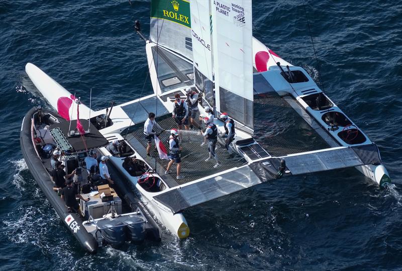 Japan SailGP Team helmed by Nathan Outterridge with their support boat celebrate after winning the final race on Race Day 2 of France SailGP - photo © Thomas Lovelock for SailGP