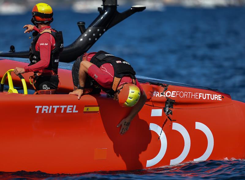 Spain SailGP Team check the hull of the F50 catamaran on Race Day 2 in France SailGP - photo © Ricardo Pinto for SailGP