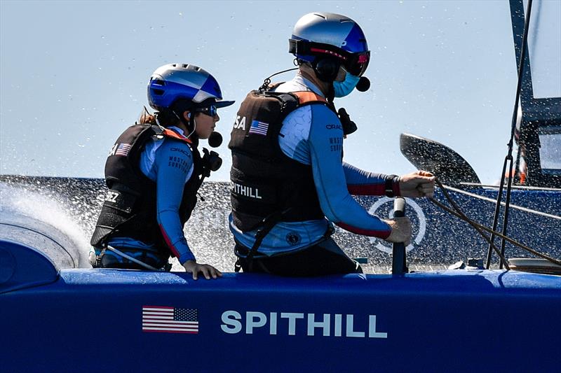 CJ Perez of USA SailGP Team sits behind Jimmy Spithill, CEO & helmsman of USA SailGP Team, during a practice session ahead of Spain SailGP, - photo © Ricardo Pinto/SailGP