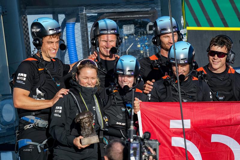 Liv Mackay hold the Juan Sebastin de Elcano Trophy after the New Zealand SailGP Team's win - photo © Bob Martin/SailGP