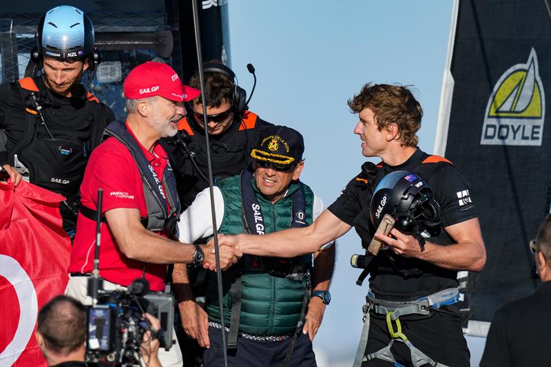 His Majesty King Felipe VI shakes hands with Peter Burling, Co-CEO and helmsman of New Zealand SailGP Team, as he presents the Juan Sebastin de Elcano Trophy to the New Zealand SailGP Team photo copyright Bob Martin/SailGP taken at Royal New Zealand Yacht Squadron and featuring the F50 class