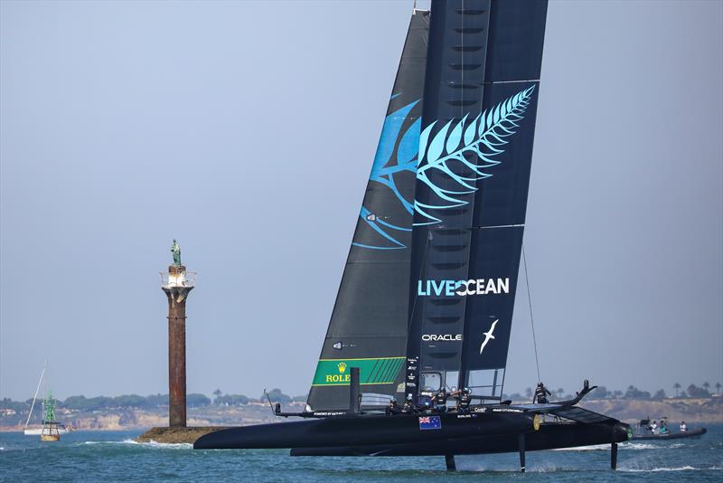 New Zealand SailGP Team co-helmed by Peter Burling and Blair Tuke warm up before racing begins on Race Day 1. Spain SailGP, Event 6, Season 2 in Cadiz, Andalucia, Spain. 9th October photo copyright Felix Diemer/SailGP taken at  and featuring the F50 class