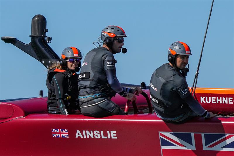 Hannah Mills of Great Britain SailGP Team sits behind Ben Ainslie, helmsman of Great Britain SailGP Team, during a practice session ahead of Spain SailGP,  photo copyright Bob Martin/SailGP taken at Royal Yacht Squadron and featuring the F50 class