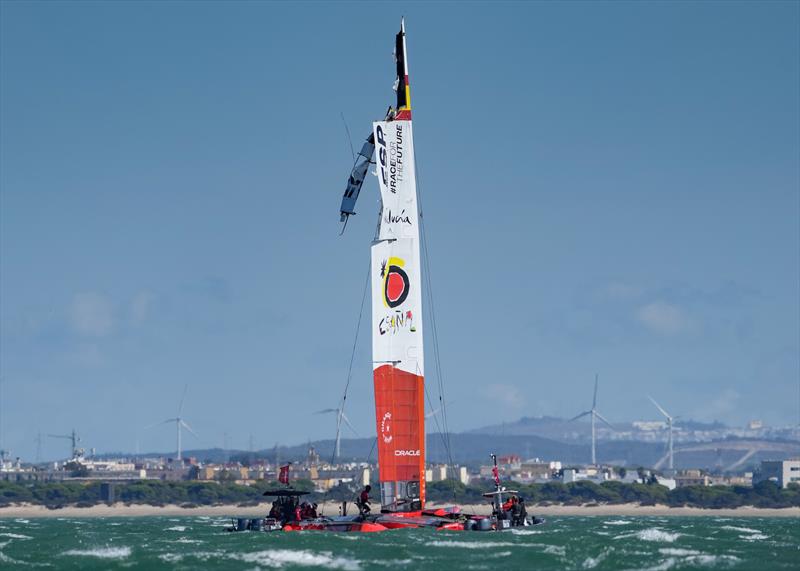 View of damage to the wing on the Spain SailGP Team F50 catamaran.  Race Day 2 at Spain SailGP,  photo copyright Thomas Lovelock/SailGP taken at  and featuring the F50 class