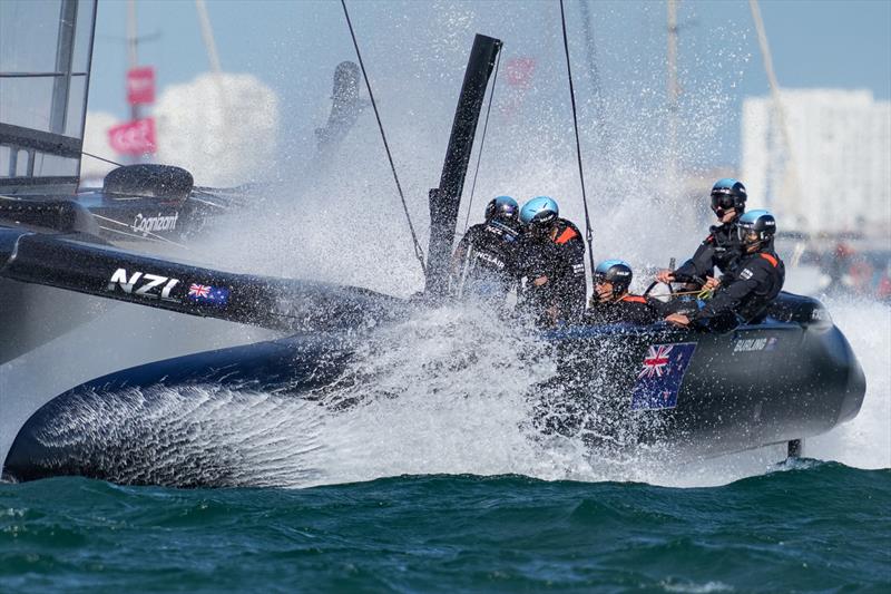 New Zealand SailGP Team co-helmed by Peter Burling and Blair Tuke in action on Race Day 2 at Spain SailGP -10th October .  - photo © Bob Martin/SailGP