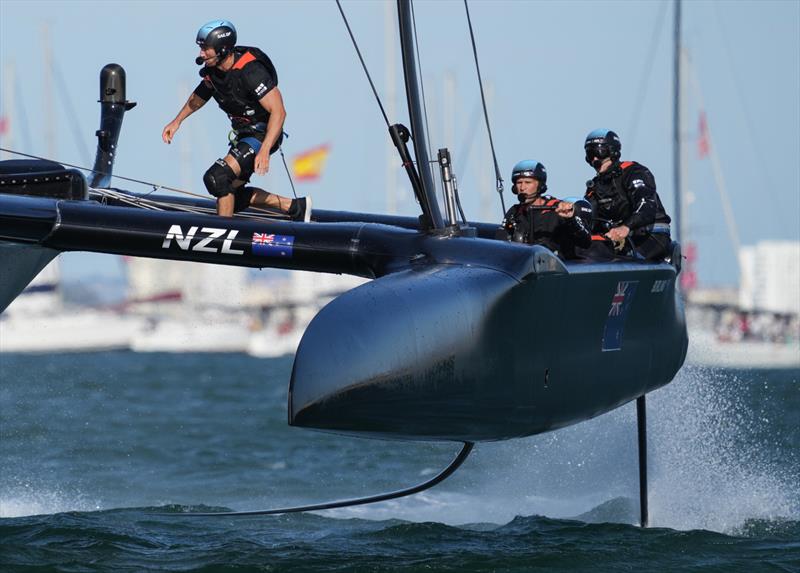New Zealand SailGP Team co-helmed by Peter Burling and Blair Tuke in action on Race Day 2 at Spain SailGP -10th October .  photo copyright Bob Martin/SailGP taken at  and featuring the F50 class